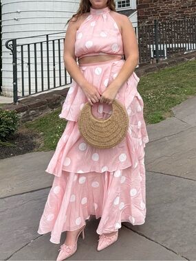 These Three Pink Polka Dot Tiered Maxi Skirt Set